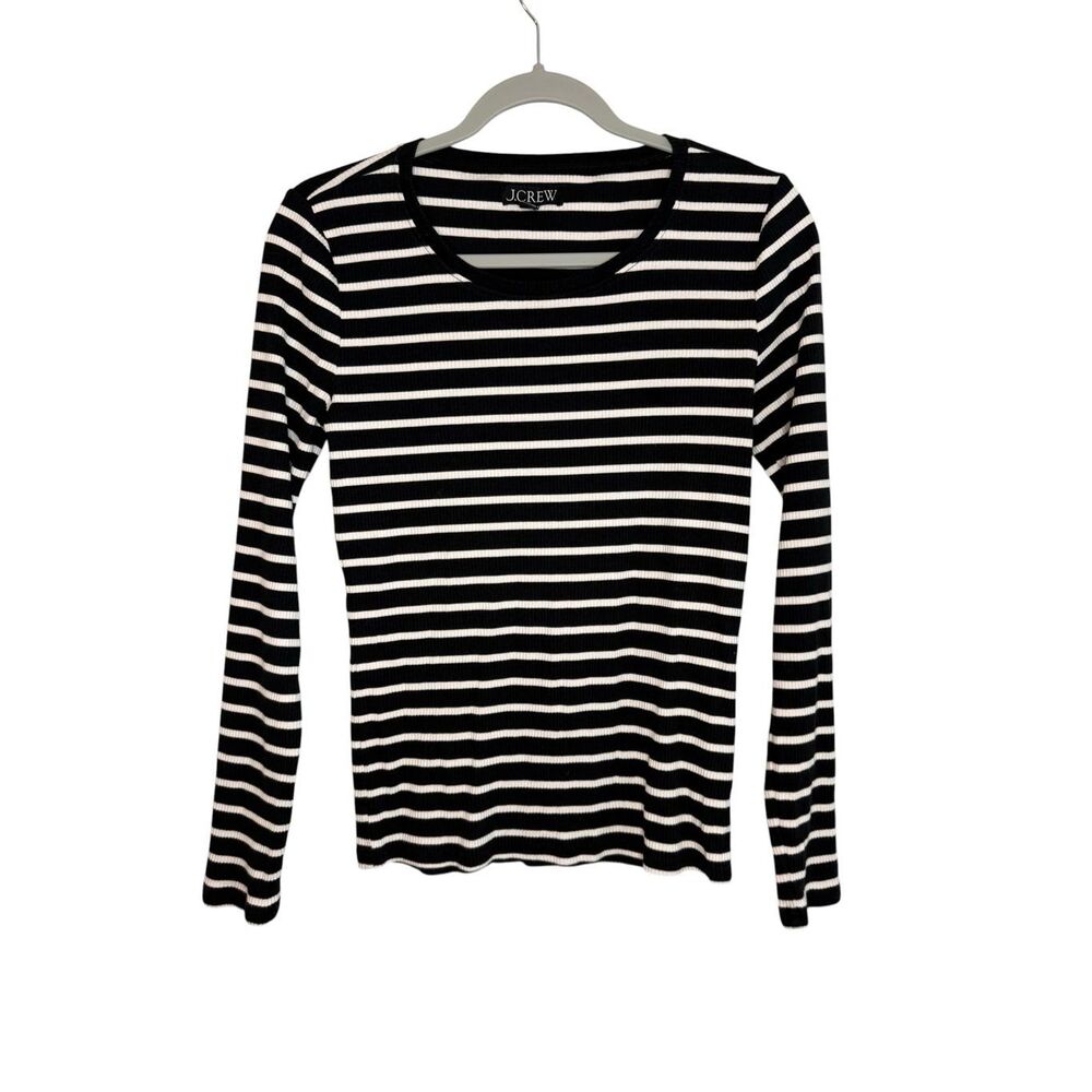 J.Crew Ribbed Long Sleeve Black White Striped Crewneck Top Size Medium